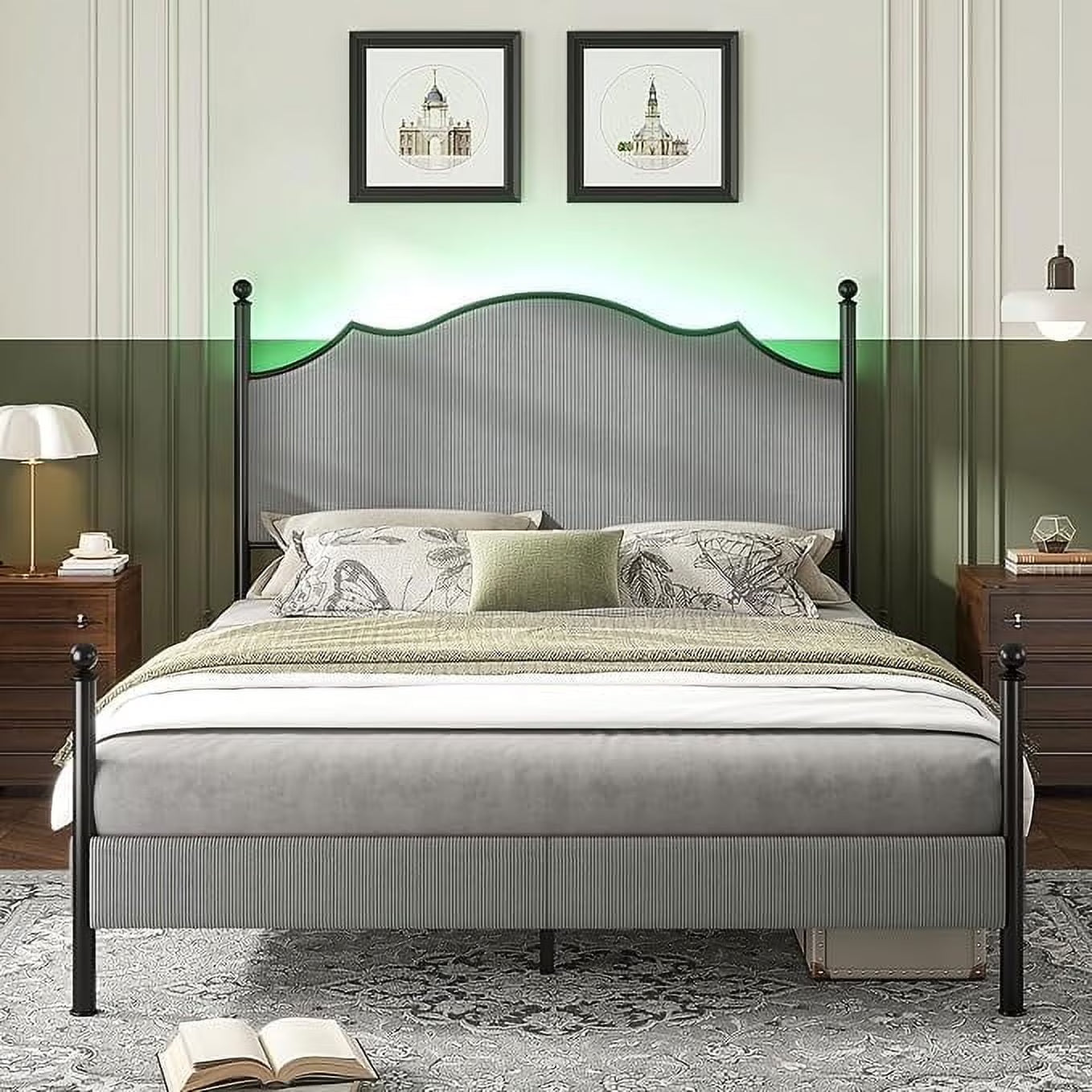 Merluxy Upholstered Full Size Bed Frame with 51.2" Tall Headboard, Metal Four Poster LED Beds for Bedroom, Easy Assembly