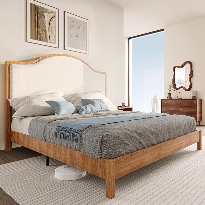 Merluxy Wooden Platform Bed Frame with Upholstered Headboard Solid Wood Bed, No Box Spring Needed