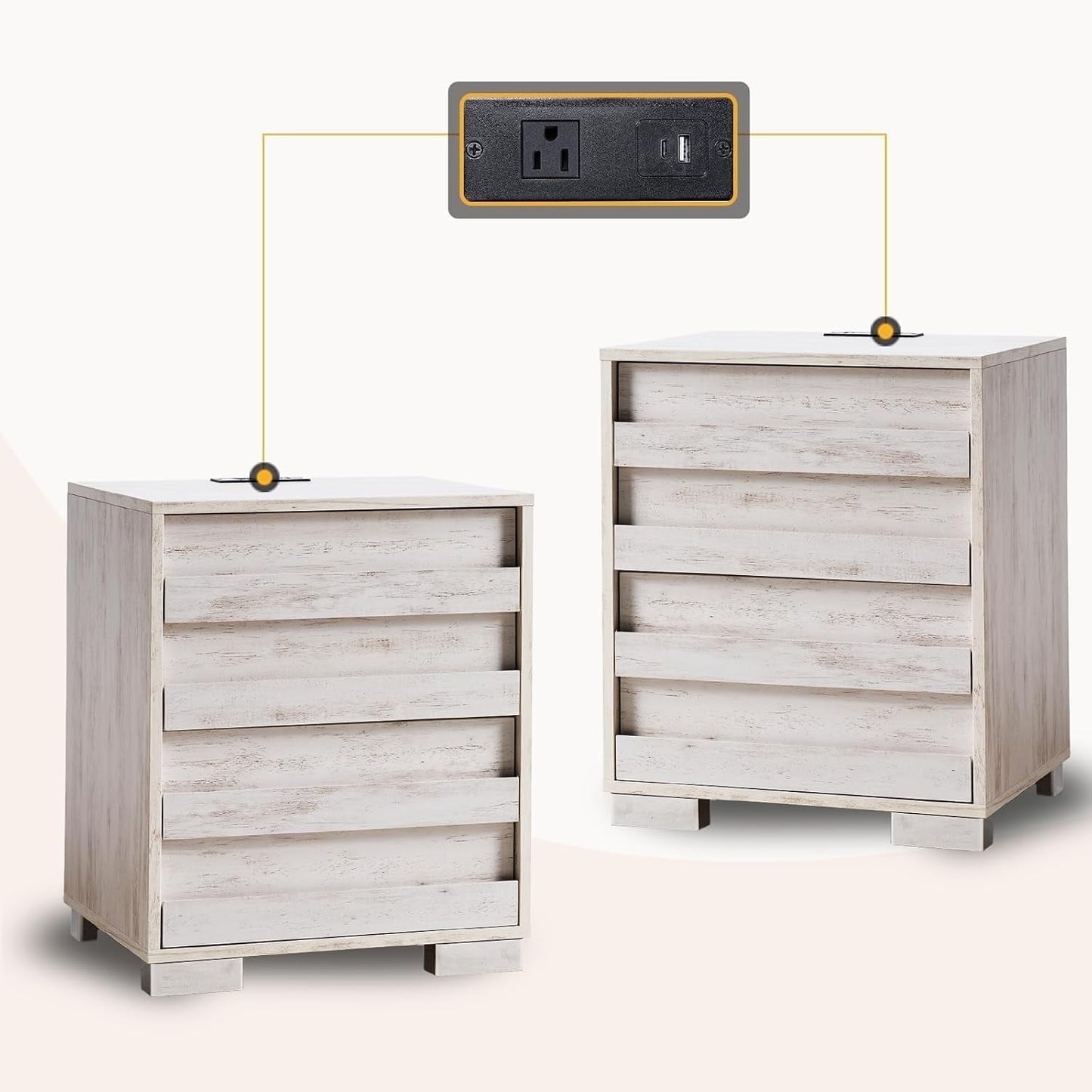 Papajet Nightstands Set of 2 with Charging Station, Farmhouse End Table with Drawers