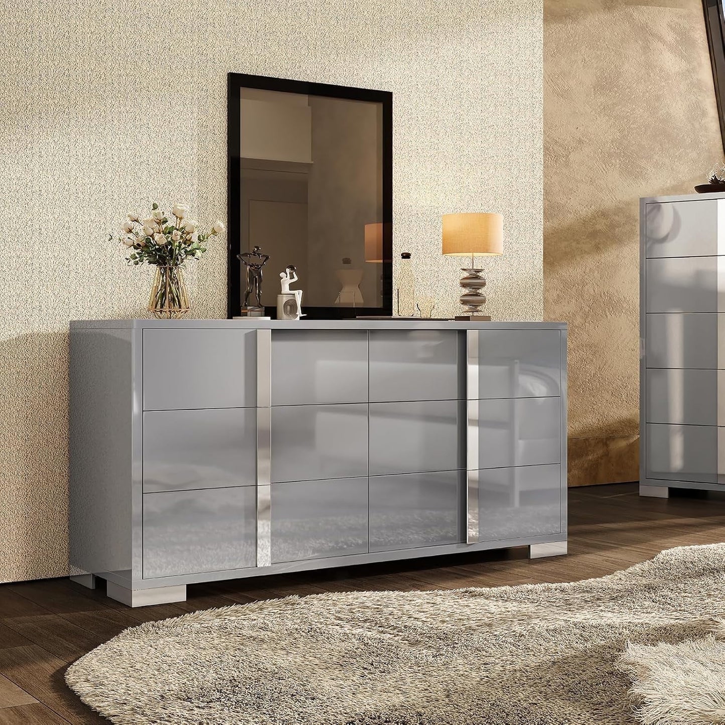 PLAUIN 54" High Gloss 6 Drawers Dresser, Modern Storage Chest for Bedroom