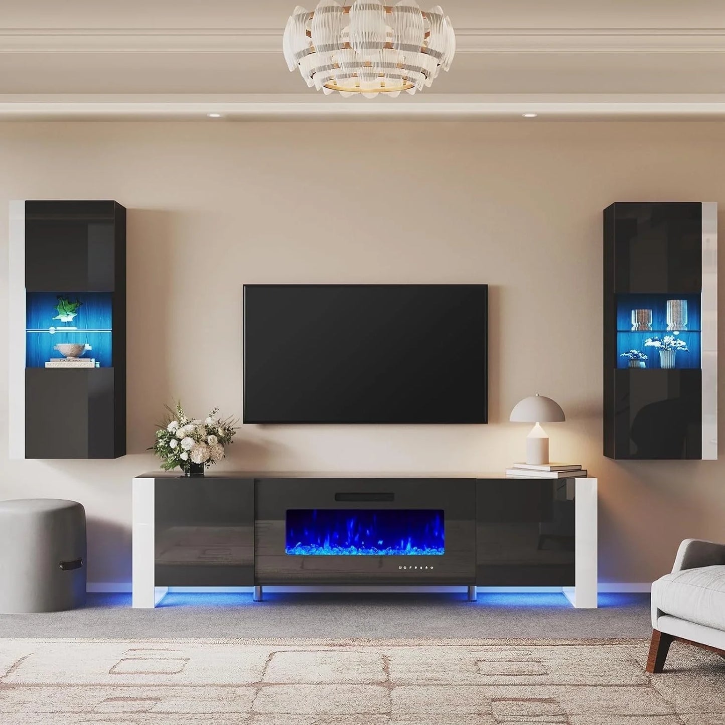 PLAUIN 3-Piece Modern Wall Unit Entertainment Center, 70" TV Stand with 36" Fireplace
