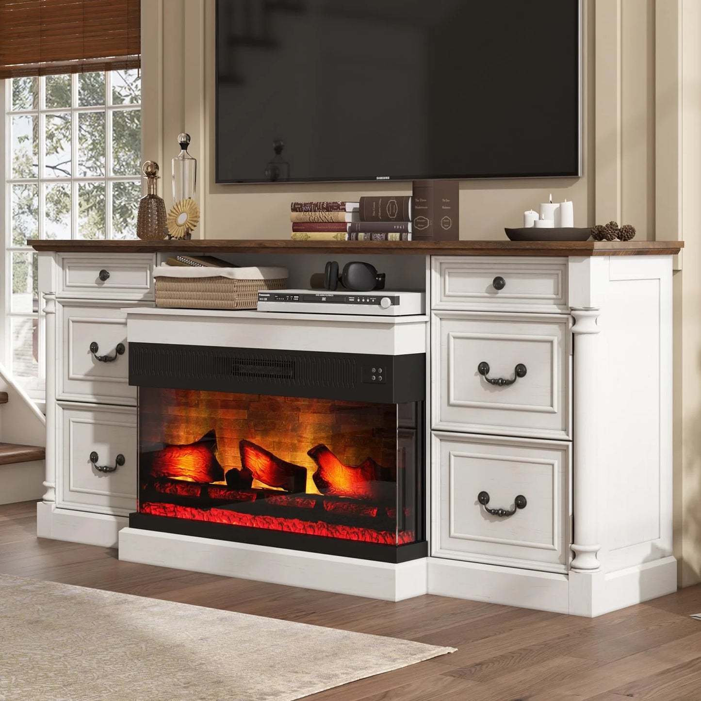 PLAUIN 75" Farmhouse TV Stand with 36" 3-Sided Glass Fireplace