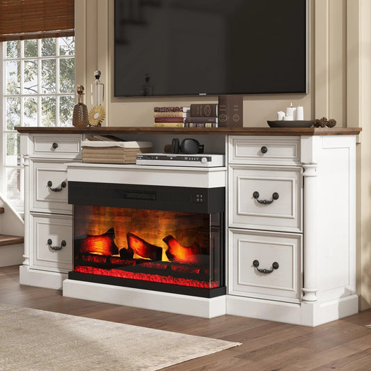 PLAUIN 75" Farmhouse TV Stand with 36" 3-Sided Glass Fireplace
