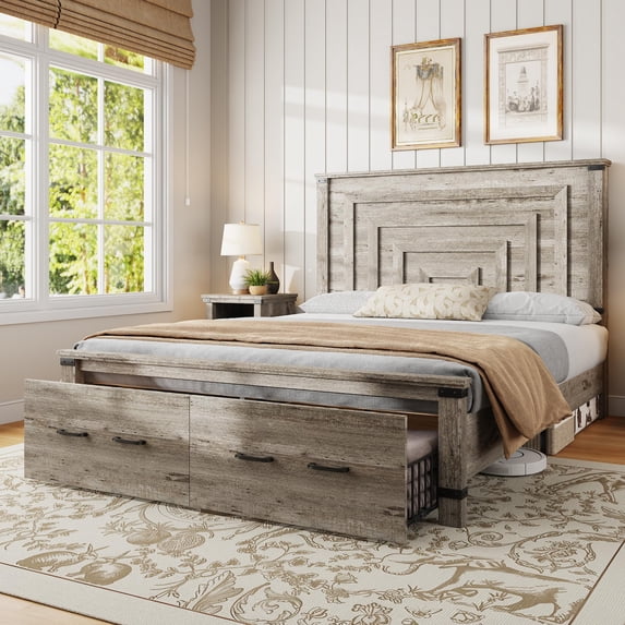 PLAUIN Farmhouse Full Size Bed Frame, Rustic Wood Platform with Footboard & Wood Slats, Grey