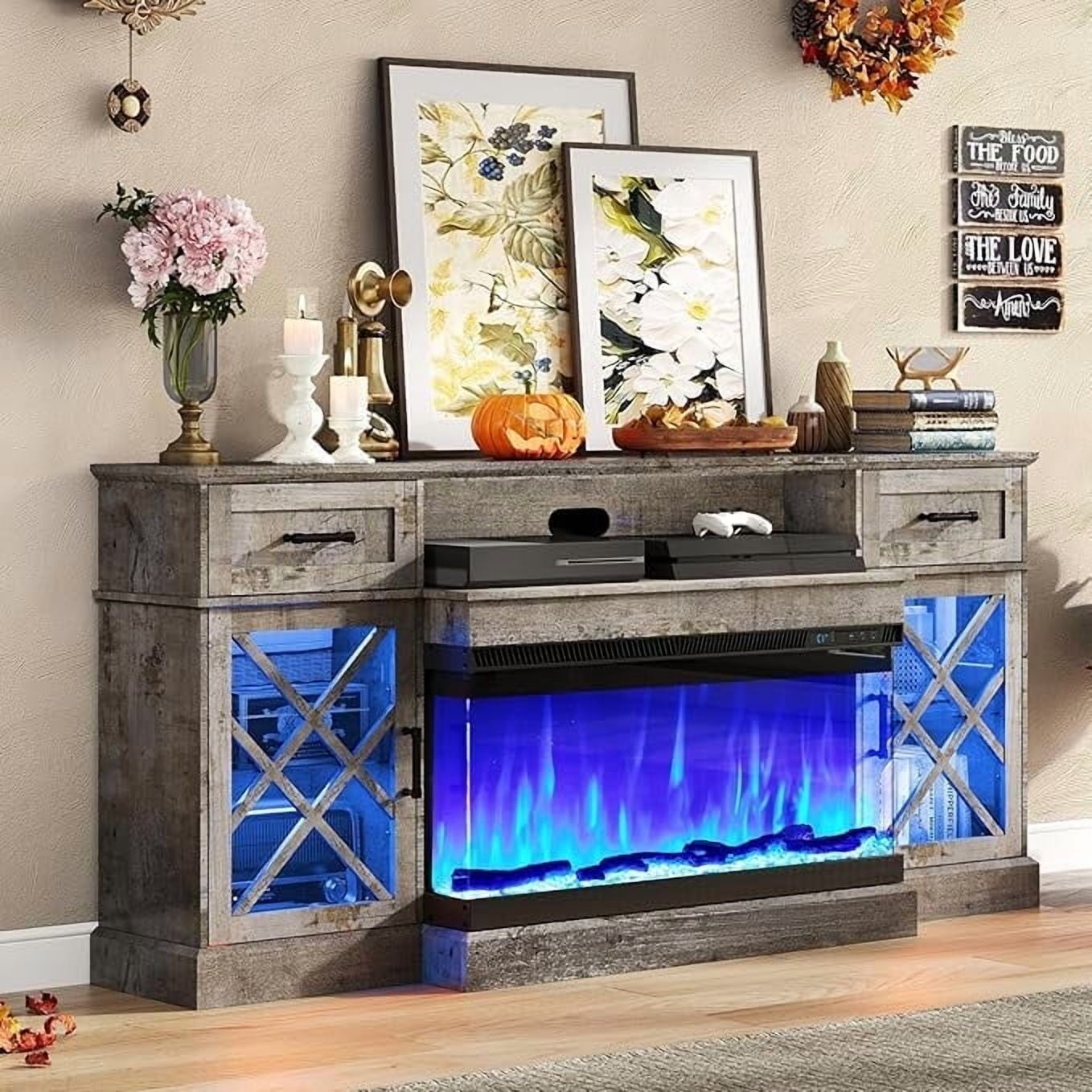 PLAUIN Farmhouse LED Fireplace TV Stand, 3-Sided Glass Fireplace, Entertainment Center