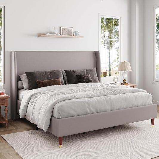 PLAUIN Bed Frame with 51.2" Wingback Headboard,Linen Upholstered,No Box Spring Needed