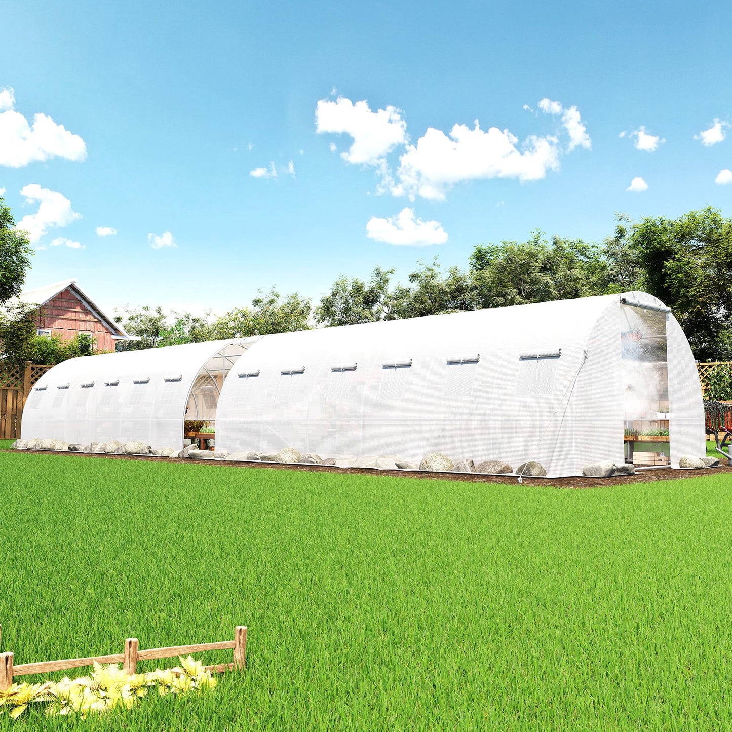 PLAUIN Large Walk-in Tunnel Greenhouse with Watering System, Heavy Duty Greenhouse with 4 Support Poles, UV-Proof PE Cover