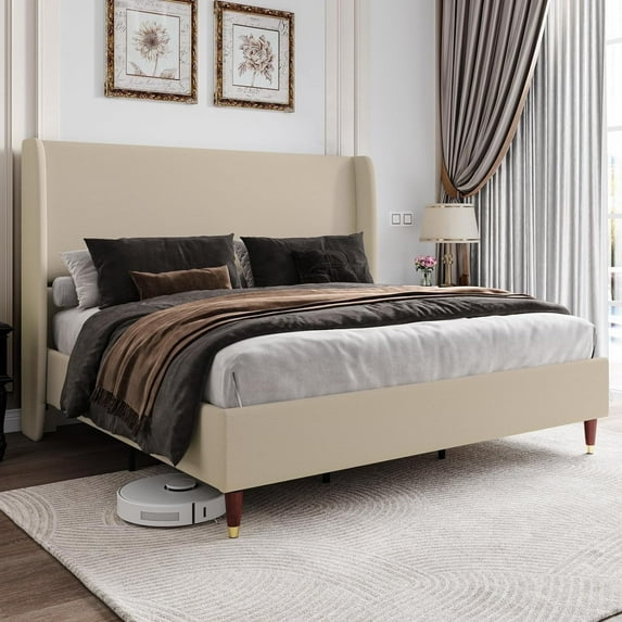 PLAUIN Bed Frame with 51.2" Wingback Headboard,Linen Upholstered,No Box Spring Needed
