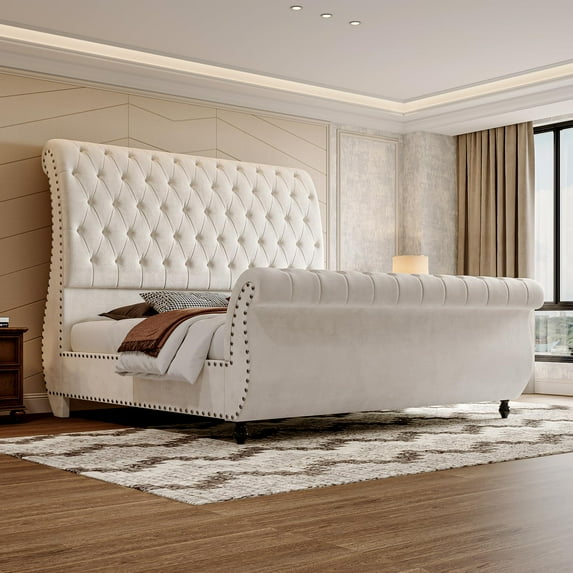 PLAUIN Bed Frame, Velvet Upholstered Platform Sleigh Bed With Scroll Headboard & Footboard, Button Tufted, No Box Spring Needed