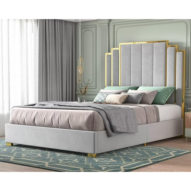 PLAUIN Upholstered Bed Frame with 61" Headboard, Golden Plating Trim