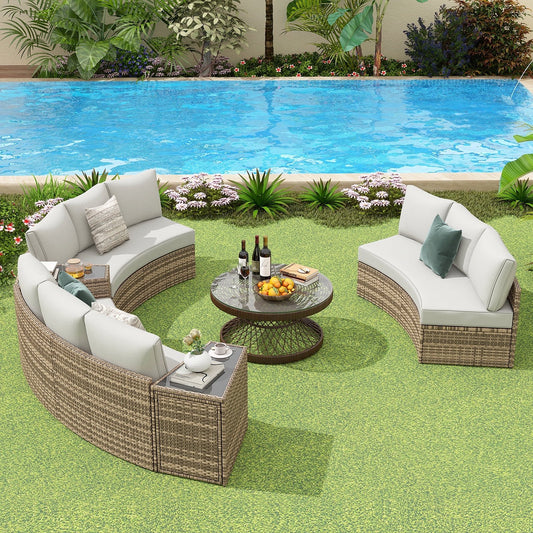 Patio Conversation Set, 11 Piece Half-Moon Sectional Round Patio Furniture Set with Large Storage Wedge Table Wicker Sofa Set