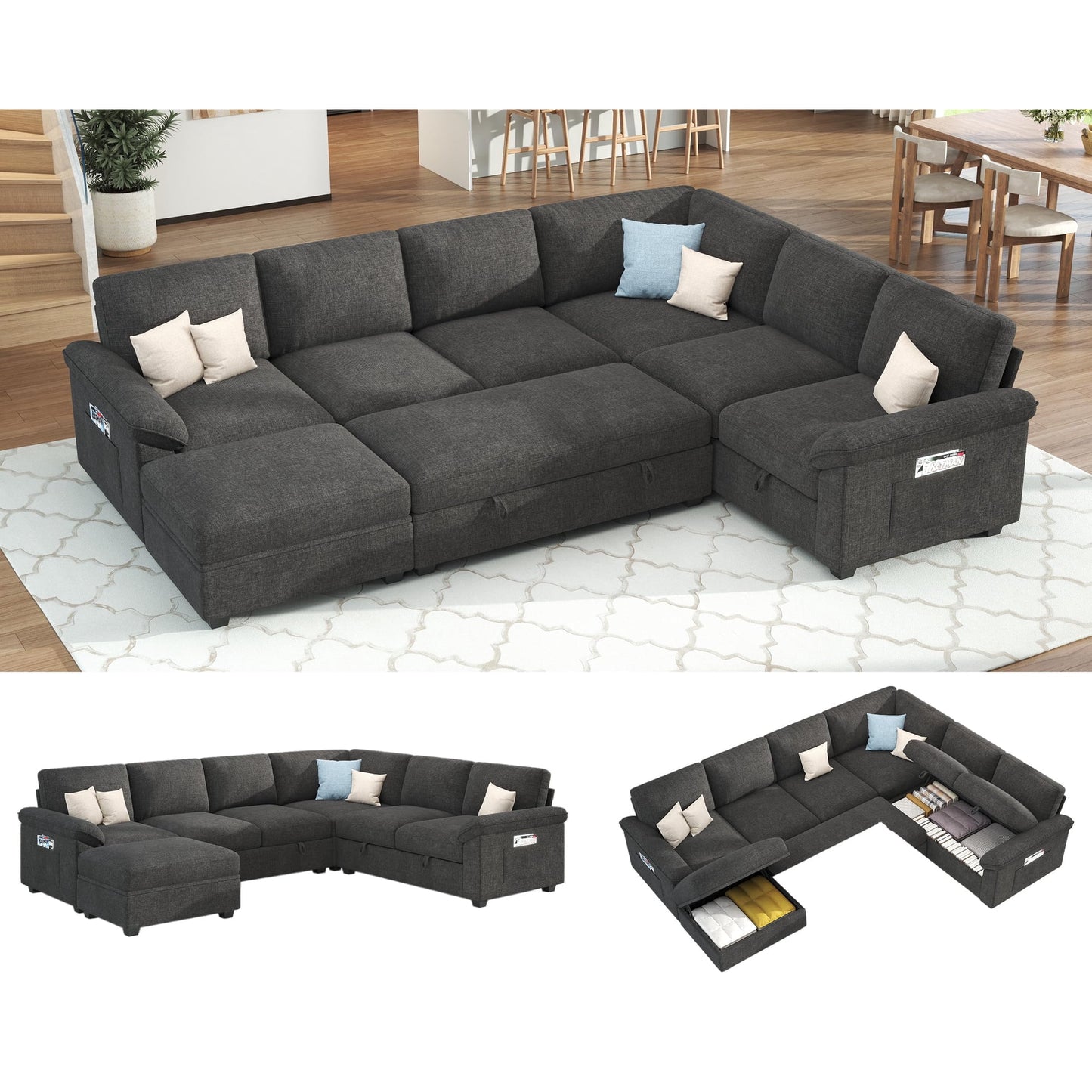 Papajet 105" Sofa Bed, Sectional Sleeper Sofa with Pull Out Bed/Reclining Backrest, 6 Seater Sleeper Couch Bed with Storage