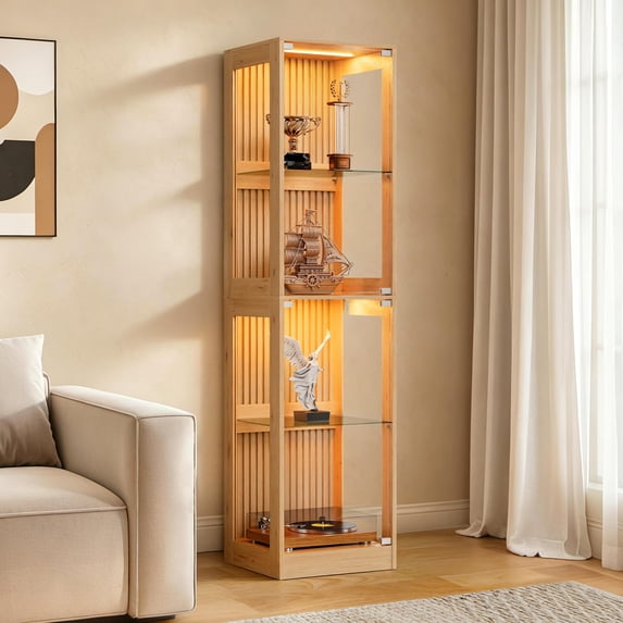 Amerlife 75-inch RGB Display Cabinet with Glass Shelves, 4-Tier Storage, LED Lights, Wood-Grain Slatted Finish