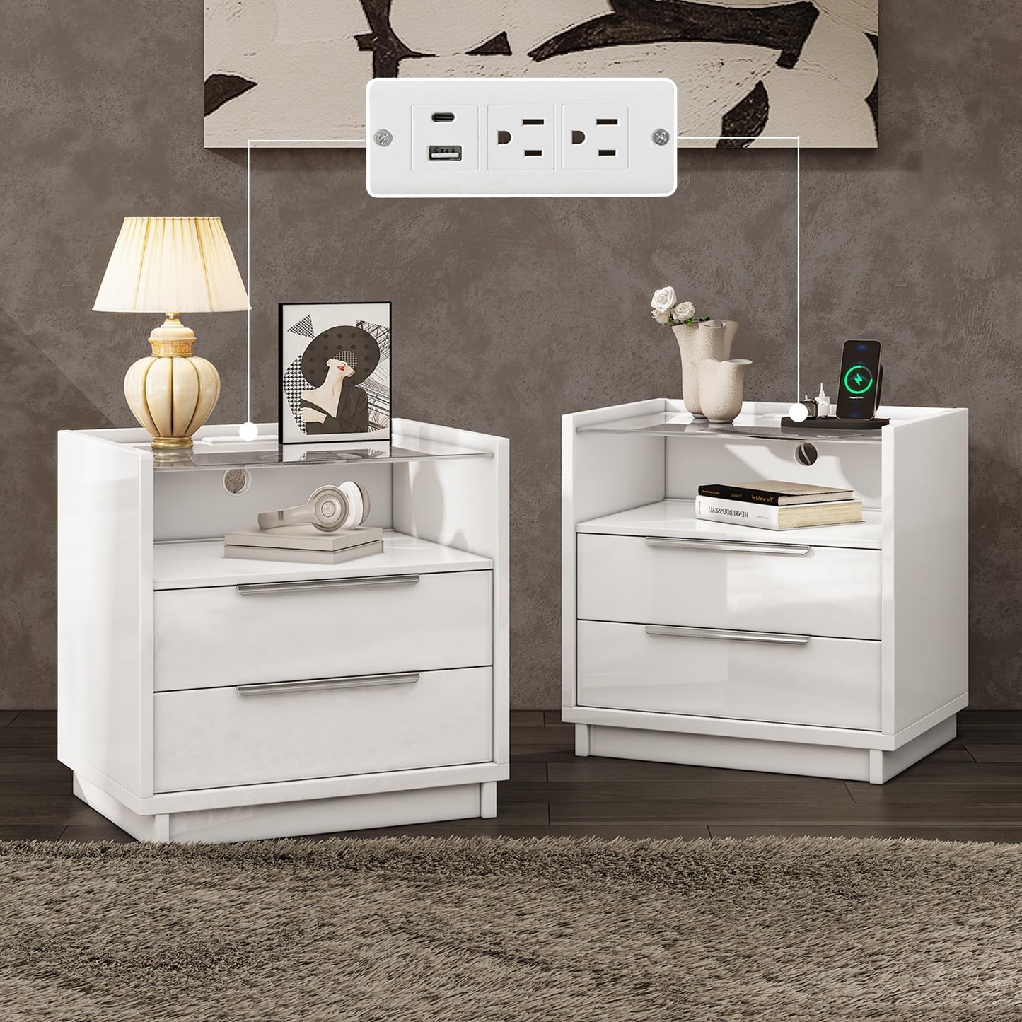 Papajet 23.6" Nightstand, High Gloss End Table with Glass Tabletop, Modern Bedside Table with Charging Station for Bedroom