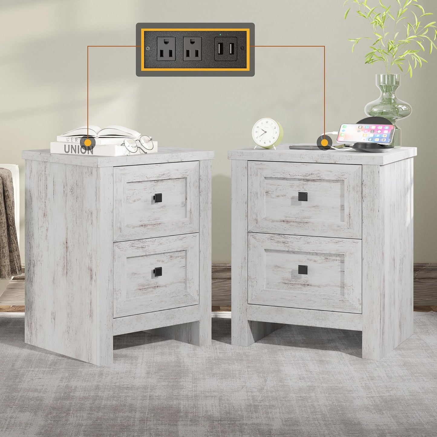 Papajet 24" Nightstand Set of 2 with Charging Station, Wood End Table with 2 Drawers for Bedroom