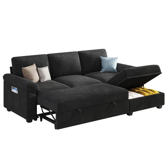 Papajet Sleeper Sofa Bed with Storage, L Shaped Convertible Couch for Living Room, Side Pockets and Plush Armrest Pillow