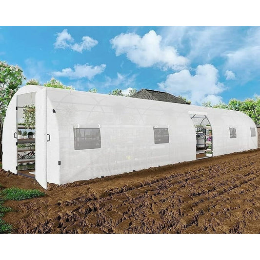 44x10x7.5 ft Outdoor Tunnel Greenhouse, Ships in 2 Packages, with Swing Door, Premium PE Cover, Film Clips, White, Clear Cover Patter