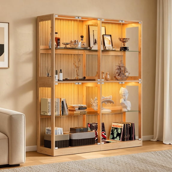 Papajet RGB Display Cabinet with Glass Shelves, 4-Tier Storage, RGB LED Lights, for Collectibles, Wood-Grain Slatted Finish