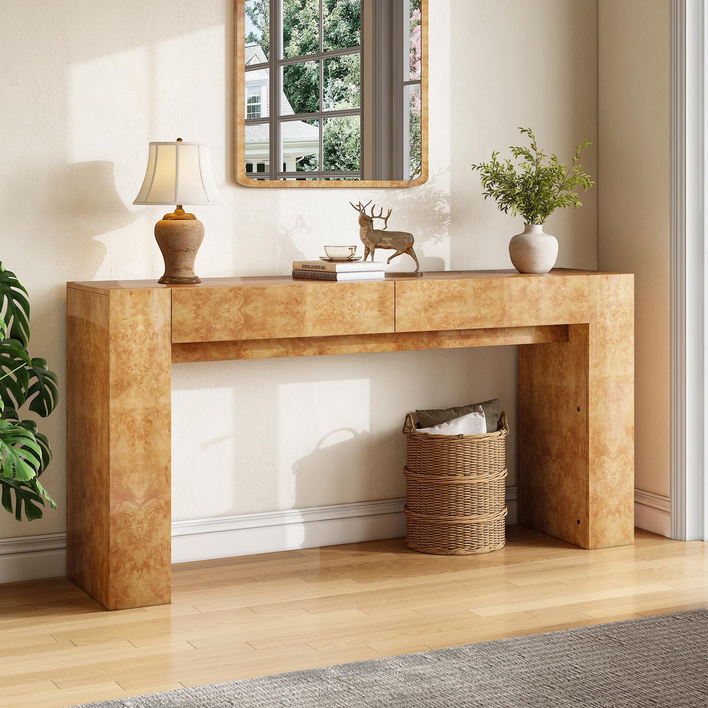 Papajet Burl Wood Console Table, Modern High Gloss Entryway Table with 2 Storage Drawers for Entrance, Hallway, Foyer, Living Room