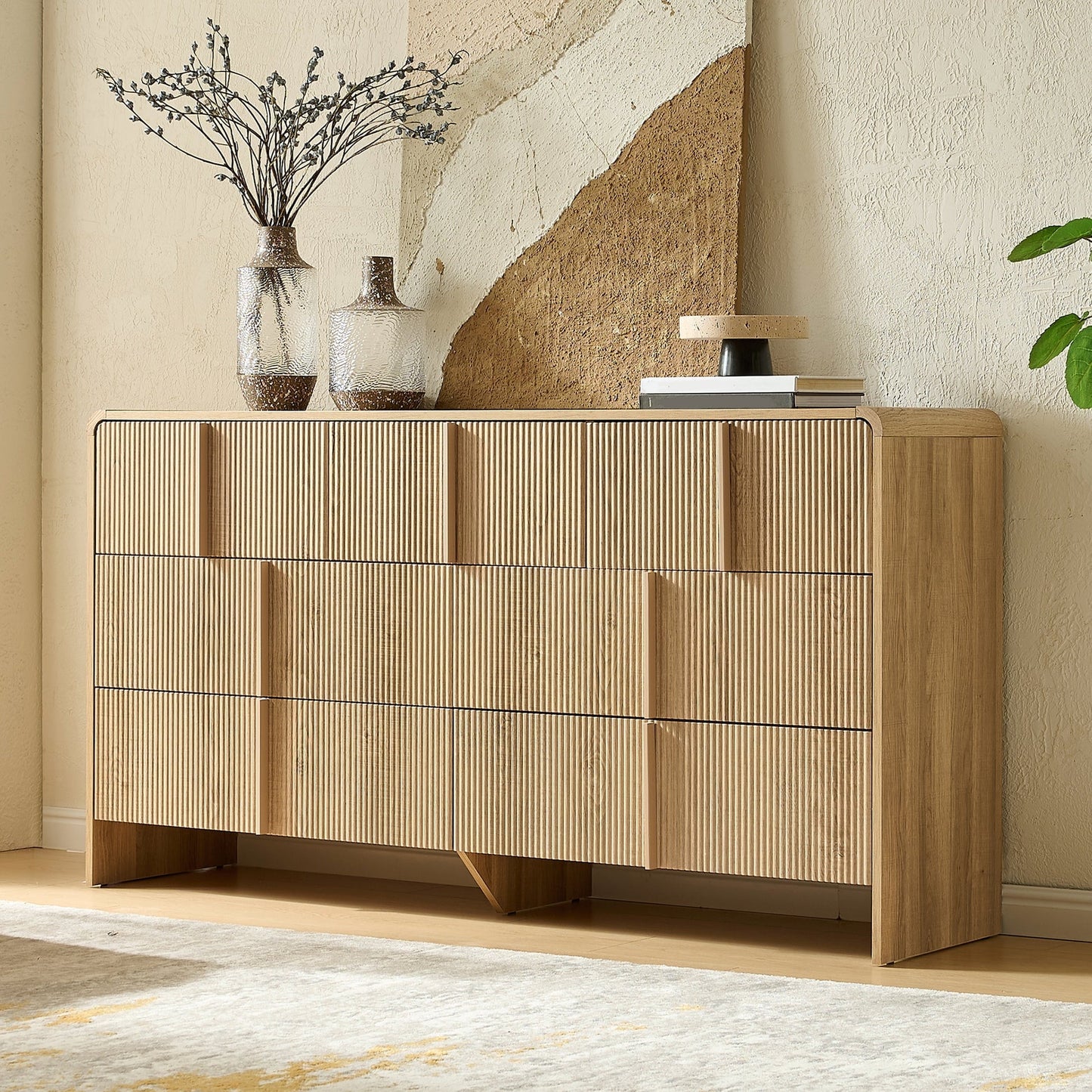 Papajet Dresser, 48" Tall Modern Chest of Drawers with Pine Handle, Rounded Corner & Anti-Tip for Bedroom, Living Room, Entryway