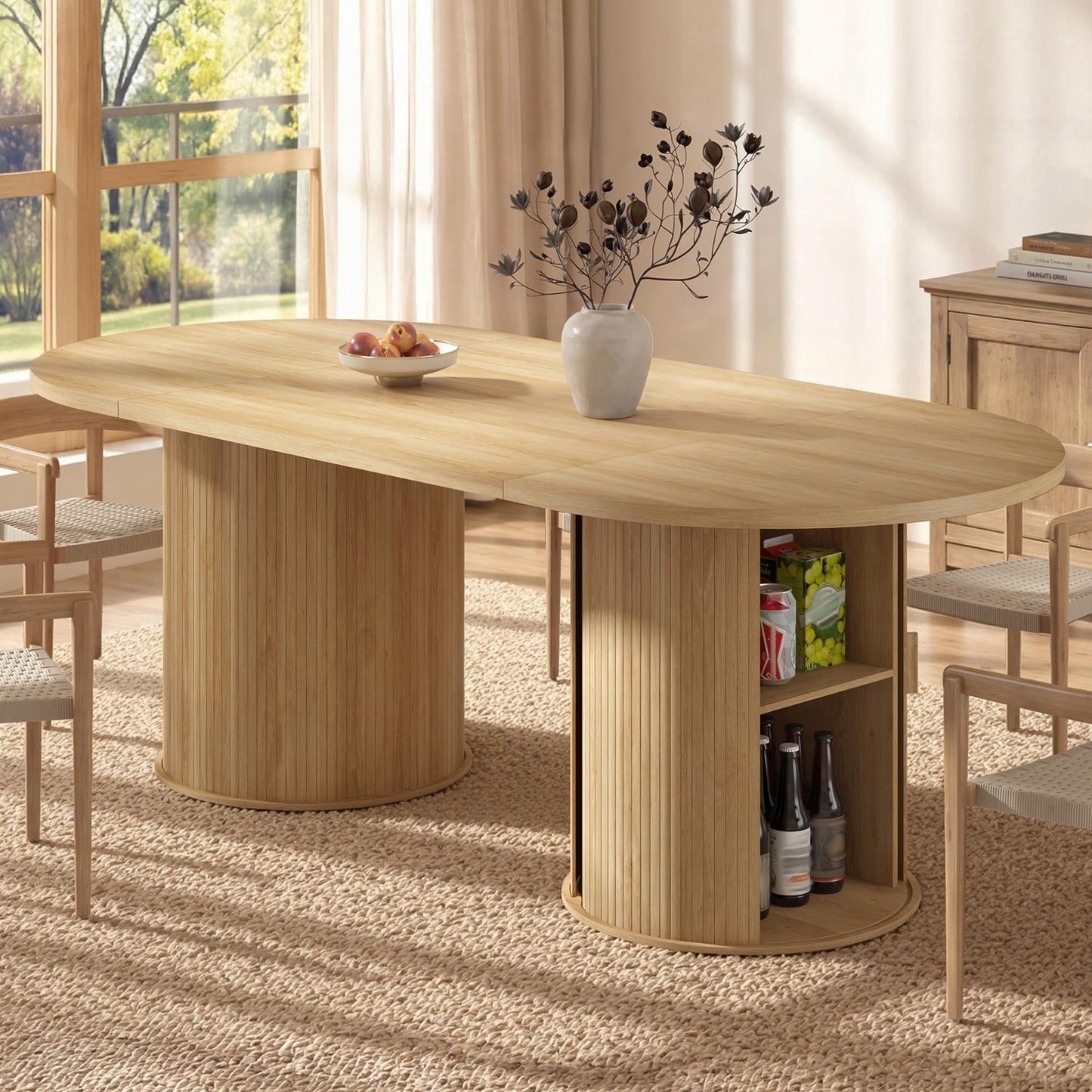 Papajet 86.6'' Modern Extra Long Oval Dining Table with Hidden Storage, Wooden Dining Table, Seats 6–8, Sturdy Kitchen Furniture