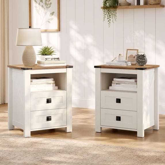 Papajet Farmhouse Nightstand Set of 2, Wooden End Table with Drawer & Open Shelf, Rustic Bedside Table for Bedroom, Small Space
