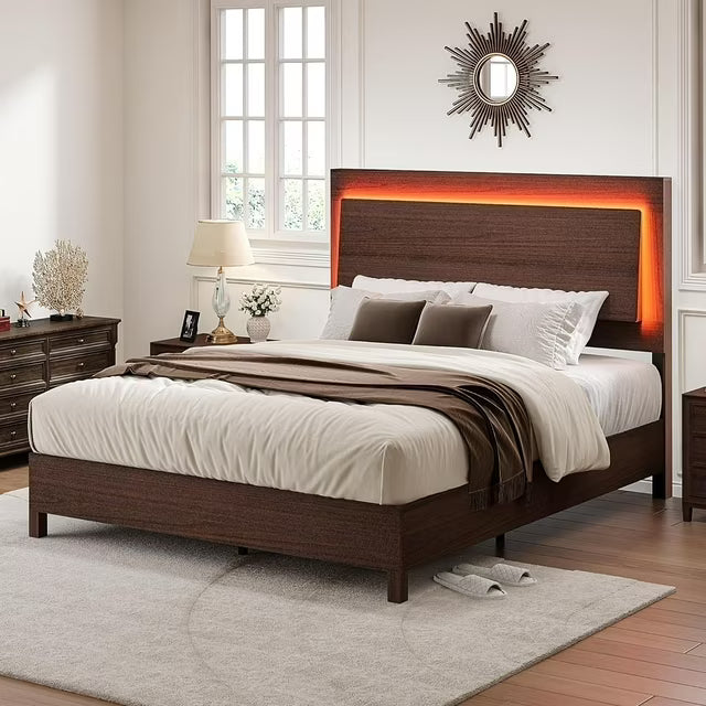 Papajet Bed Frame with 47" Rustic Headboard, LED Lights and Wooden Slats