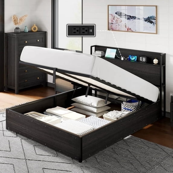 Papajet Bed Frame with Lift Up Storage, Wood Platform and Charging Station