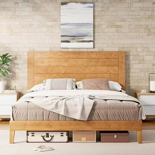 Papajet Solid Wood Bed Frame with 48.6" Mid-Century Headboard & Wood Slats