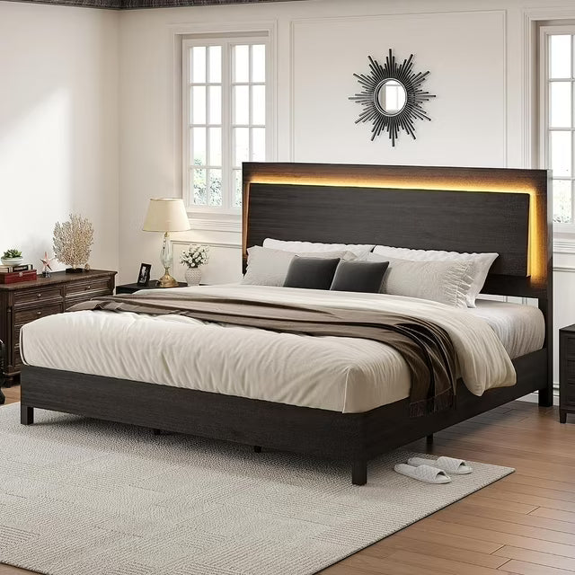 Papajet Bed Frame with 47" Rustic Headboard, LED Lights and Wooden Slats