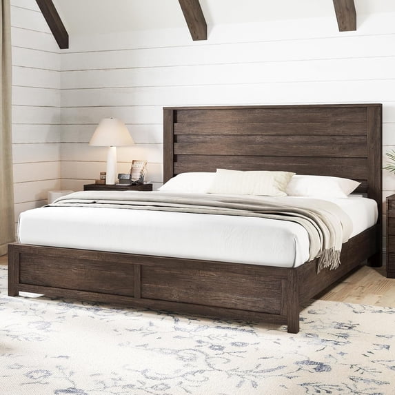 Papajet King Size Bed Frame with Headboard, Farmhouse Platform and Natural Wood Grain, Gray