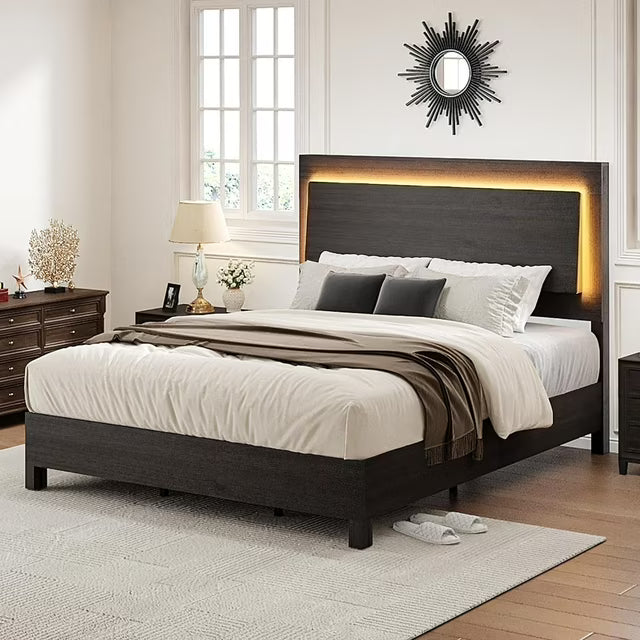 Papajet Bed Frame with 47" Rustic Headboard, LED Lights and Wooden Slats