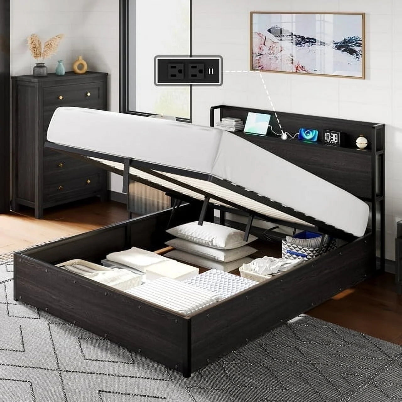 Papajet Bed Frame with Lift Up Storage, Wood Platform and Charging Station