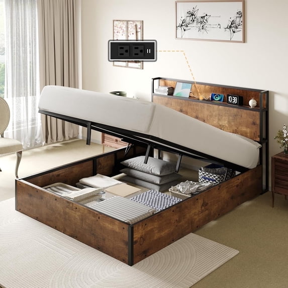 Papajet Bed Frame with Lift Up Storage, Wood Platform and Charging Station
