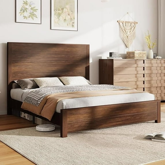 Papajet Wood Bed Frame with 51.2" Rustic Headboard & Wood Slats
