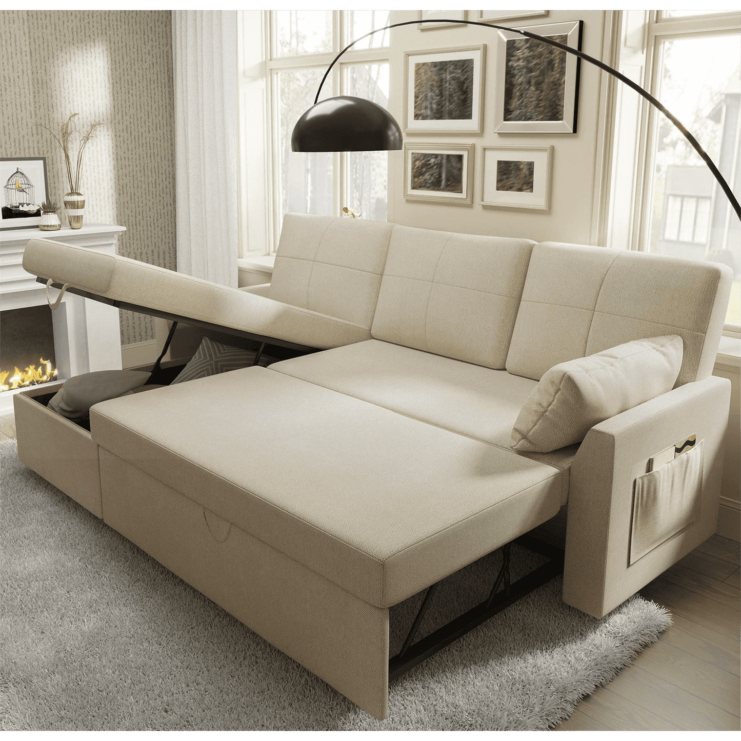 VANACC Sofa Bed, Sleeper Sofa with Storage Chaise, Pull Out Couch for Living Room, Beige Chenille