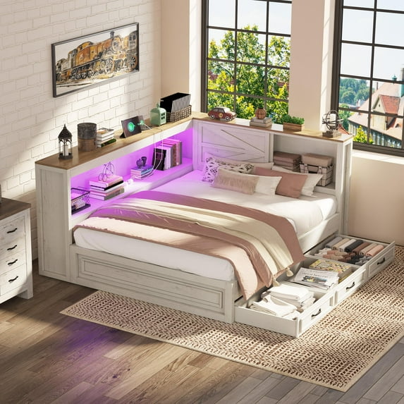Papajet Corner Bed Frame with Storage Drawers and Bookcase Headboard, Charging Station and Led Lights, Farmhouse Wood Daybed