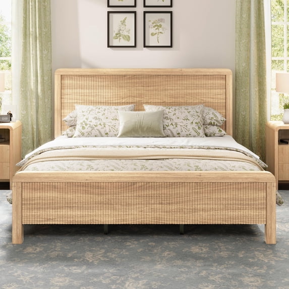 Papajet Wood Bed Frame with Headboard & Footboard, Modern Fluted Wooden Platform Bedframe with Rounded Safety Edges