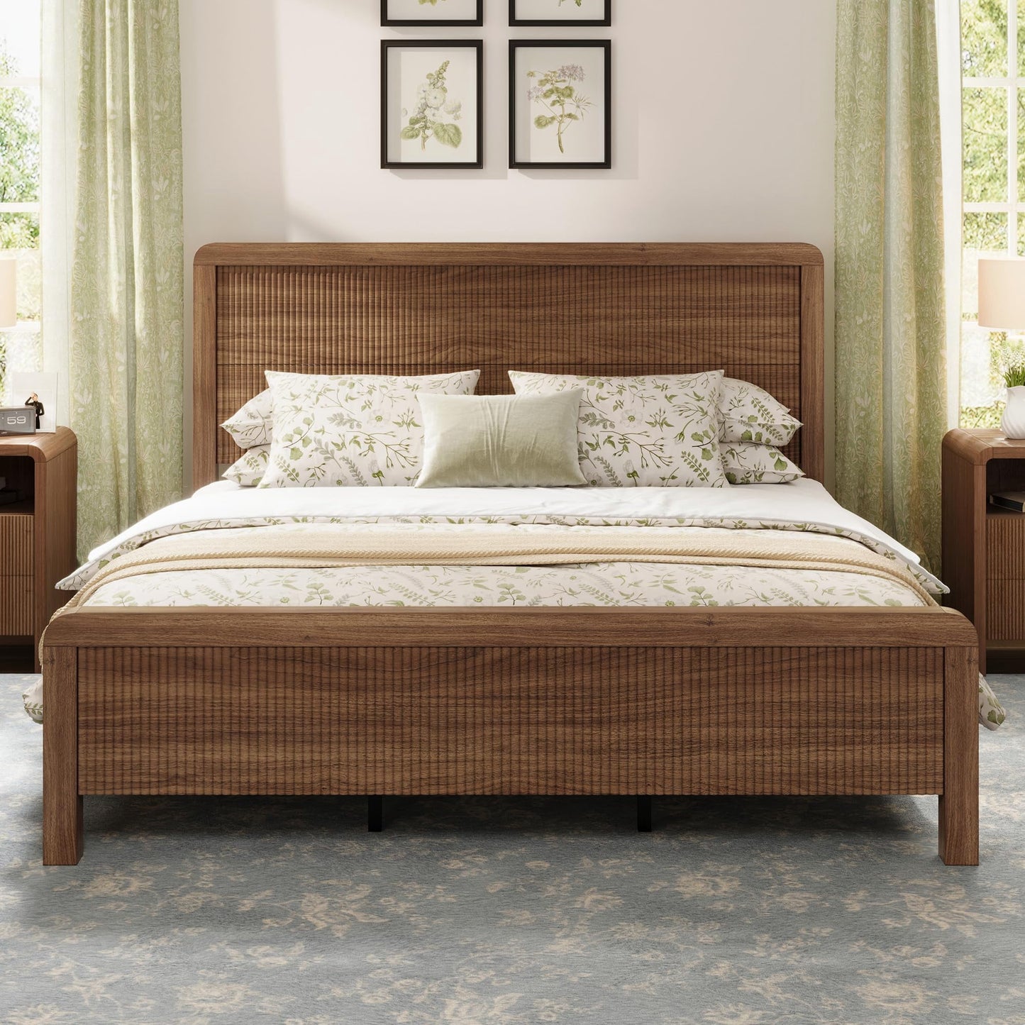 Papajet Wood Bed Frame with Headboard & Footboard, Modern Fluted Wooden Platform Bedframe with Rounded Safety Edges