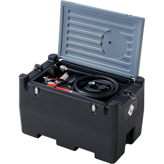 Portable Fuel Tank, 50 Gallon Capacity & 8 GPM Flow Rate, PE fuel transfer tank with 12V Electric Transfer Pump and 13.1ft Rubber Hose, Black