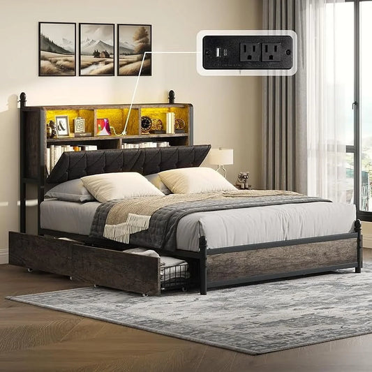 VANACC Bed Frame with Bookcase Headboard and 4 Storage Drawers, Wooden Platform Bed with Charging Station and LED Light, No Box Spring Needed/Noise-Free