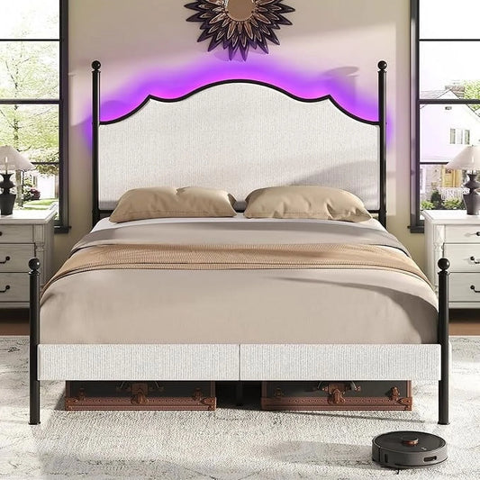 VANACC Bed Frame with LED Light & Arch Headboard, Modern Corduroy Upholstered Platform Bed with Metal Poster, No Box Spring Needed/Easy Assembly/Noise Free