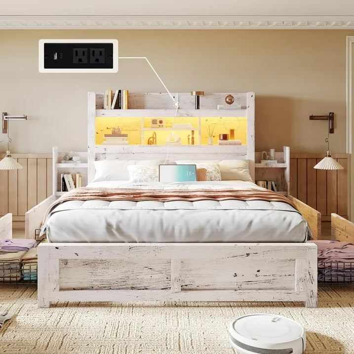 VANACC Bed with 49.6" Bookcase Headboard, Dual Side Storage Racks, 4 Drawers, Built-in RGB LED Lighting, Charging Station – No Box Spring Required