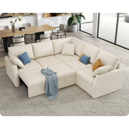 Roomy Homy Sofa Bed, 85 Inch Sleeper Sofa with Pull Out Sofa Bed, L Shaped Couch with Storage Seat, Sectional Couches for Living Room Apartment, Beige Linen Sofa Couch