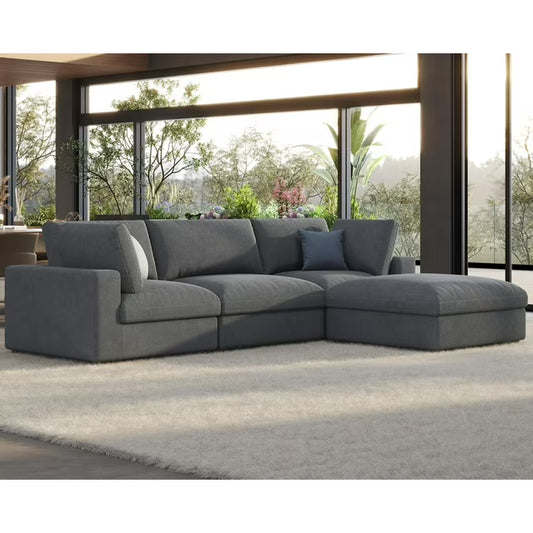 VANACC Modular Sectional Sofa, 114 Inches Down Filled Sectional Sofa, 4 Seats L Shaped Sofa with Chaise, Ottoman, Oversized Cloud Couch for Living Room, Grey Linen Couch Set