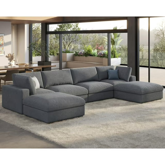 VANACC Modular Sectional Sofa, 152 Inches Down Filled Sectional Sofa, 6 Seats U Shaped Cloud Couch with Chaise, Ottoman, Oversized Couch for Living Room, Grey Linen Couch Set