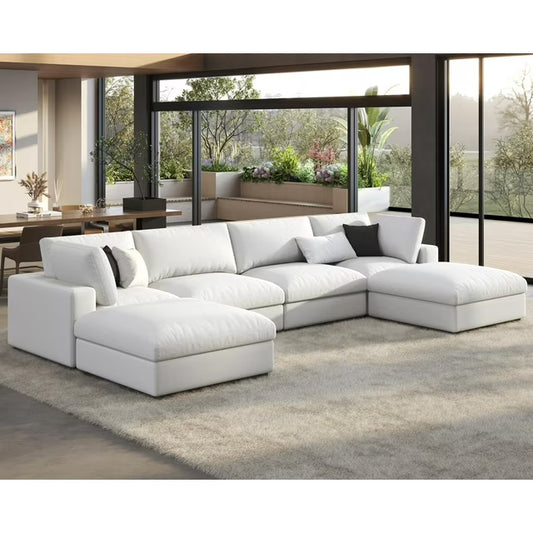 VANACC Modular Sectional Sofa, 152 Inches Down Filled Sectional Sofa, 6 Seats U Shaped Cloud Couch with Chaise, Ottoman, Oversized Couch for Living Room, White Linen Couch Set