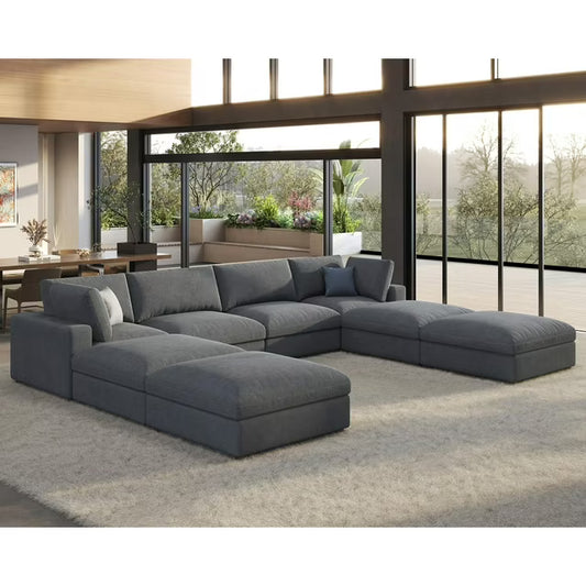 VANACC Modular Sectional Sofa, 152 Inches Down Filled Sectional Sofa, 8 Seats U Shaped Cloud Couch with Chaise, Ottoman, Oversized Couch for Living Room, Grey Linen Couch Set