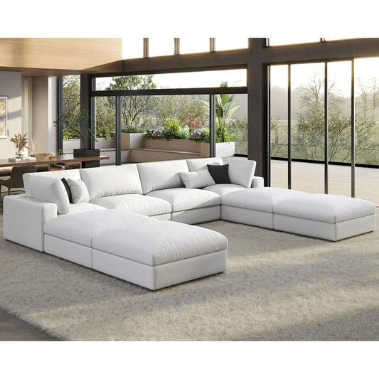 VANACC Modular Sectional Sofa, 152 Inches Down Filled Sectional Sofa, 8 Seats U Shaped Cloud Couch with Chaise, Ottoman, Oversized Couch for Living Room, White Linen Couch Set