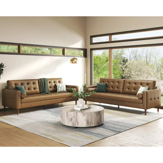 VANACC Leather Sofa,Mid-Century Modern Genuine Leather Sofa,2 Piece Set 3 Seater Comfy Couch for Living Room Home Office-Brown Leather Sofa Couch